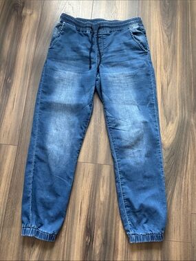 Ladies Blue Elastic-Waist Denim Jogger Jeans